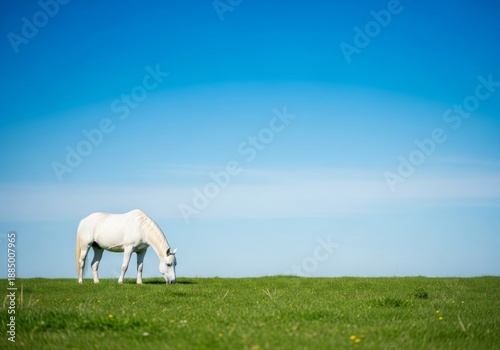 A majestic pure white horse grazes serenely in a vibrant green pasture under a clear blue sky, evoking calm, nature, and freedom, daylight, feeding, scenic