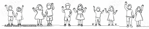 line art of two small children raising their hands together