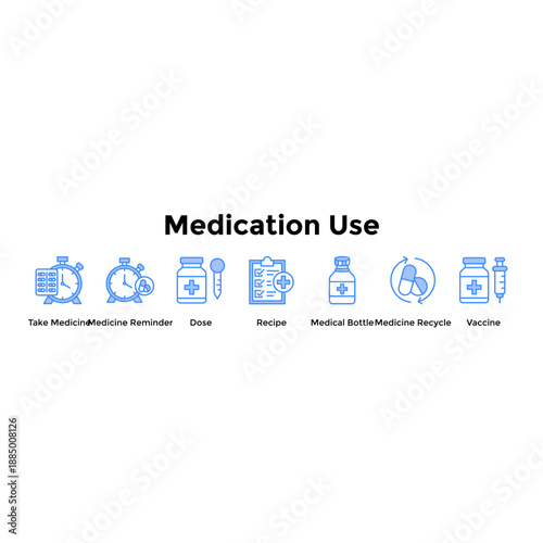 Medication Use Banner Web Icon Vector Illustration Concept For Take Medicine, Medicine Reminder, Dose, Recipe, Medical Bottle, Medicine Recycle, Vaccine
