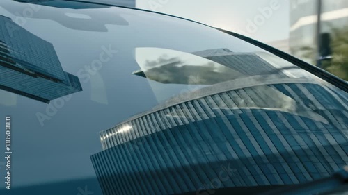 Driving Through City Streets Reflecting on Car Windshield