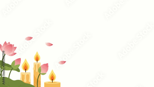 Lit candles with lotus flowers and petals, peaceful ambiance