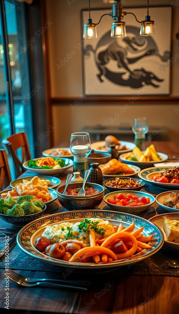 Fototapeta premium Warm dinner table with diverse dishes, soft lighting, inviting atmosphere, togetherness, gathering