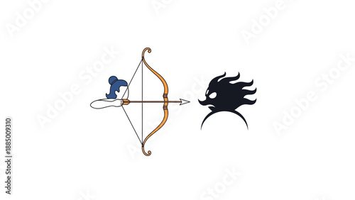 Archer aiming bow and arrow at monster silhouette