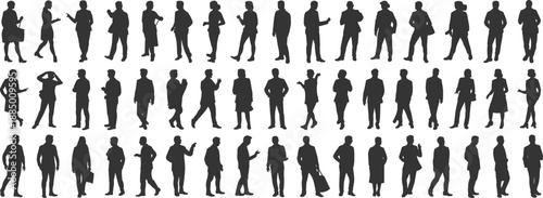 Human silhouette collection, diverse standing poses, business and casual attire, gesture variations, black figure lineup, infographic element, presentation asset, anonymous people design, vector