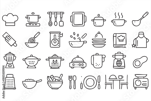Kitchen Line Icons for Cooking Tools, Cookware, and Home Appliances