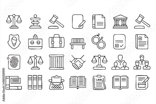 Justice System Line Icons for Law, Rights, and Governance Concepts