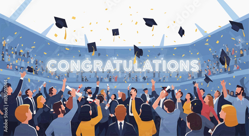 Graduation ceremony celebration with graduates throwing caps in a crowded auditorium