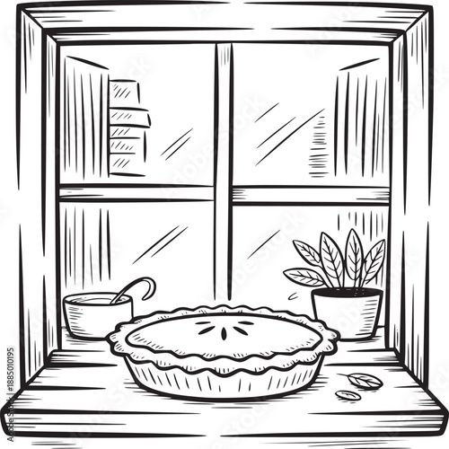 A line art drawing of a pie on a windowsill with a plant and a cup in a simple black and white style