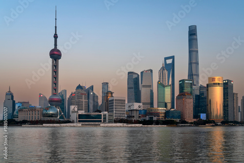Skyscrapers of the Lujiazui financial district, as seen from the Weitang Embankment on a sunny day, Shanghai, China