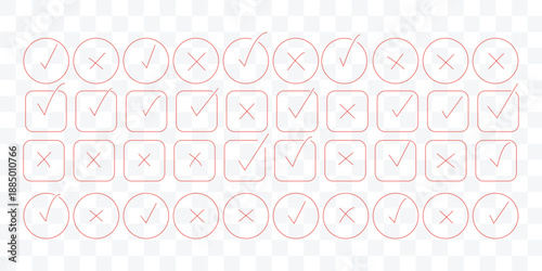 Check tick mark icon set. Cross box x check mark checkbox v list vector draw hand drawn sketch doodle brush marker checklist symbol wrong right circle. Vector Illustration 
