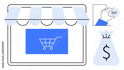 E-commerce storefront with shopping cart icon, DeFi coin in hand, and money bag symbol. Ideal for concepts thumbs up online shopping, decentralized finance, fintech, digital payments, blockchain