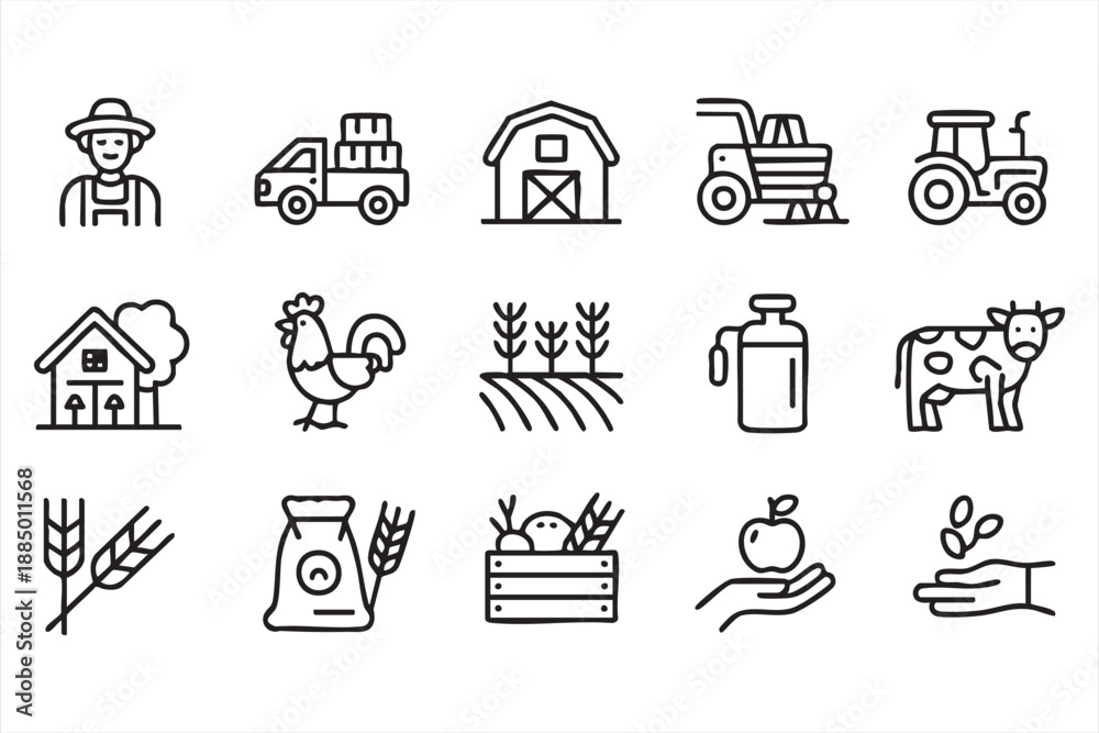 Fototapeta premium Agriculture Line Icons for Farming, Livestock, and Food Production