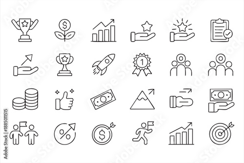 Business Success Line Icons for Growth Strategy and Financial Performance