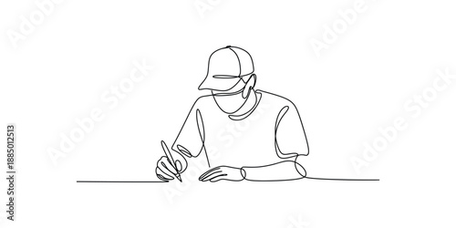 A continuous line drawing illustration of a person writing or sketching at a desk
