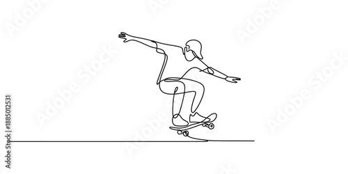 A dynamic continuous line drawing captures a skateboarder's fluid movement during a trick