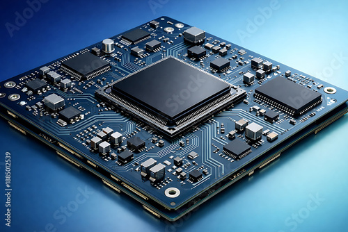Futuristic Blue Circuit Board with Microchip Processor and Electronic Components