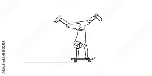 Single continuous line drawing of a person performing a handstand on a skateboard