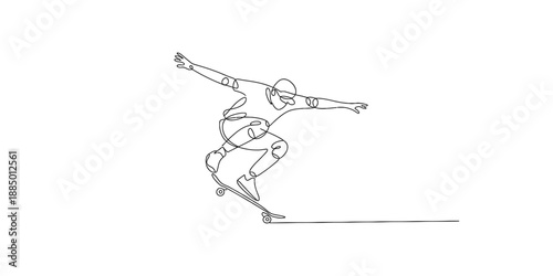 A continuous one line drawing capturing the dynamic motion of a skateboarder performing a trick