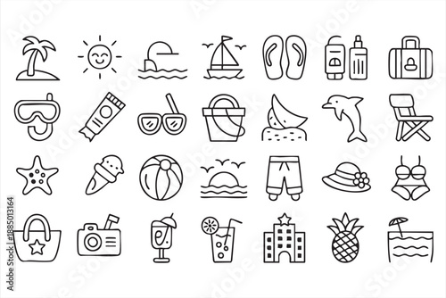 Travel and Tourism Summer Line Icons Set for Web Apps