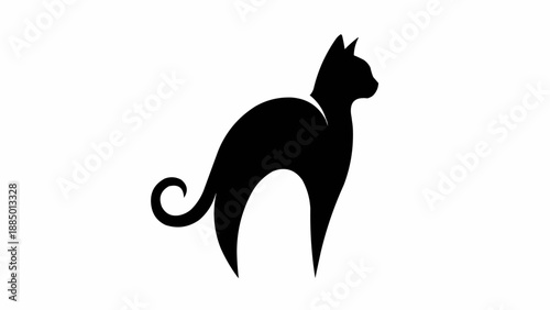 Silhouette of a black cat standing with tail curled.