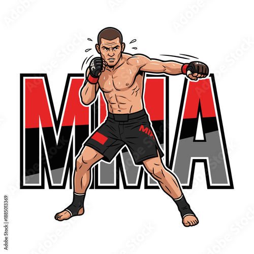 MMA fighter in fighting pose. A strong and muscular fighter poses in fighting stance, with the acronym MMA prominently displayed behind him. 