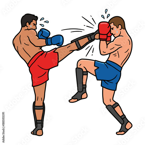 Two kickboxers in a dynamic action pose, engaging in a fierce match, showcasing their agility and power. 