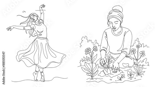 High-Quality Continuous Line Colorful Icons of Tension Release Dancing, Mindful Gardening for Relaxation