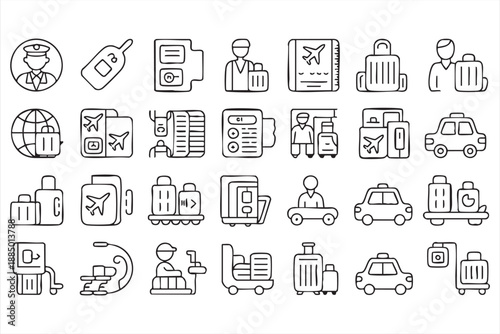 Airport Passenger Services and Transport Line Icons