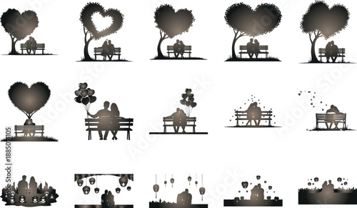 Silhouette couple love bench under tree with heart lights city skyline vector illustration