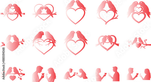 Love birds kissing on heart-shaped branch vector illustration, romantic couple flat design
