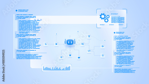 AI workflow automation artificial intelligence. ai agent network diagram dashboard machine learning with coding, analytics panel and automation system.