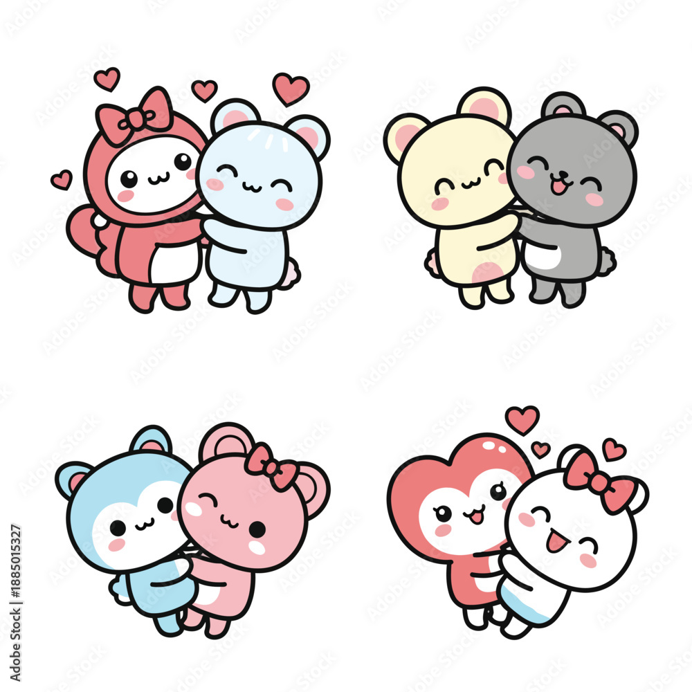 Obraz premium Adorable cartoon bear couples embracing with hearts expressing love and affection.