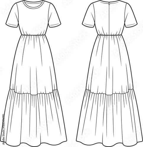 Women's short sleeve maxi dress technical flat sketch, featuring gathered waist, tiered ruffle skirt, round neck, front and back view, isolated vector illustration template.