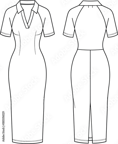 Women's short sleeve midi pencil dress technical flat sketch, featuring a V-neck collar, fitted bodycon silhouette, back vent detail, and raglan shoulder lines, isolated vector illustration template.