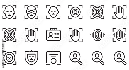 Set of biometric security icons face recognition and fingerprint scan symbols for identification vec