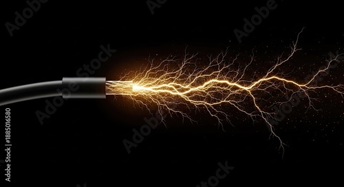 Dramatic electrical discharge emanating from a severed cable against a black background creates