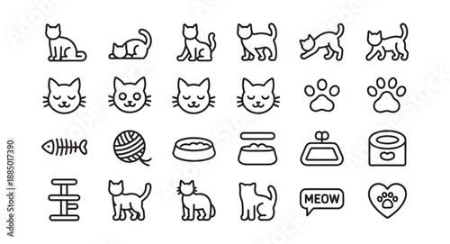 Collection of cat icons minimalist line art for pet care apps and websites isolated on white
