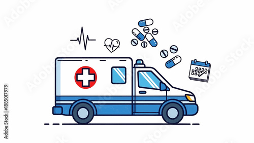 Ambulance illustration with medical symbols and pills surrounding the vehicle in a healthcare setting