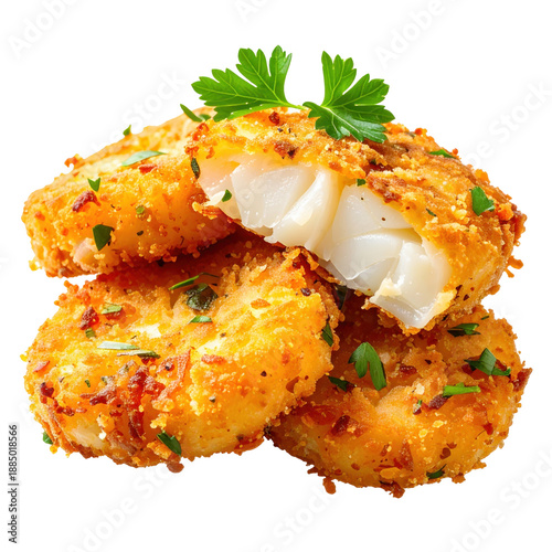 Gourmet-style atlantic cod cakes with a crispy breadcrumb coating, beautifully isolated on a bright white background for maximum visual impact