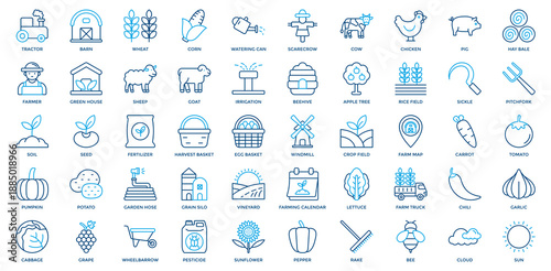 Agriculture Icon Set. Containing Tractor, Barn, Wheat, Corn, Watering Can, Scarecrow, Cow, Chicken, Pig, Hay Bale, Farmer Icon. Outline Color Style