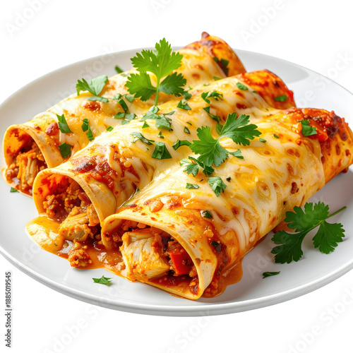 An overhead view of a classic mexican chicken enchiladas plate, garnished with fresh lime and cilantro, neatly isolated on a pure white background