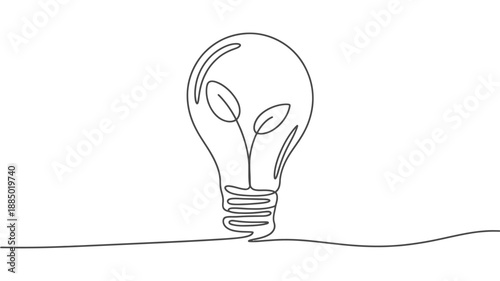 Single line art light bulb with plant, eco energy symbol for sustainability concepts, green technology, environmental branding design.