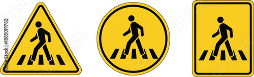 Pedestrian crossing warning signs set showing yellow triangle circle and square road traffic safety symbols illustration design.