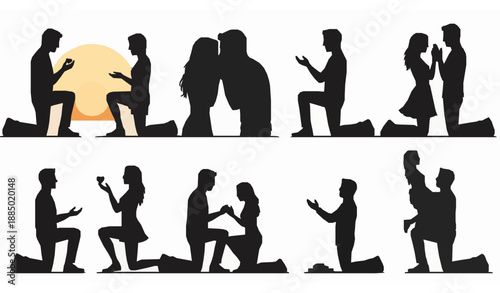Elegant romantic proposal couple silhouette vector illustration set with expressive engagement moments on white