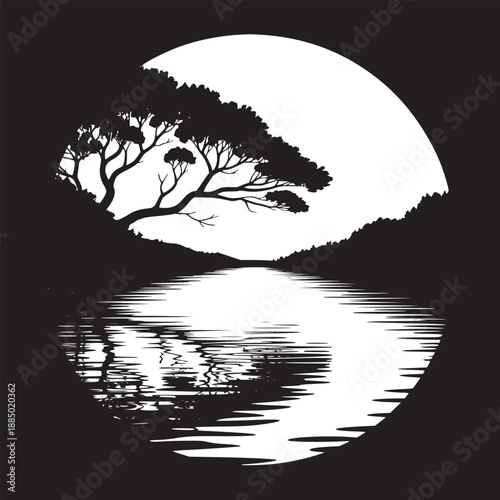Silhouette of a tree over water with a large moon behind it in a circular black and white frame