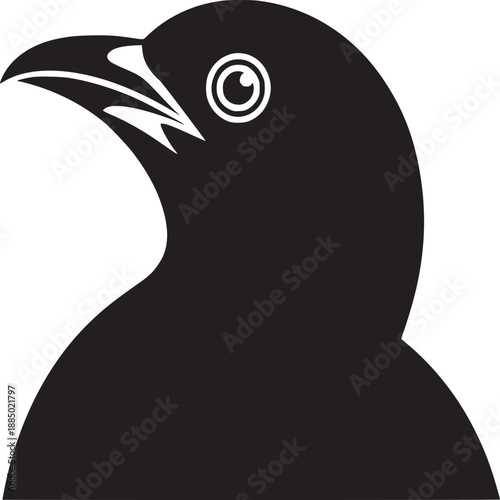 A stylized depiction of a black bird with a white eye and beak against a white background space