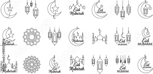 Eid Mubarak Islamic symbols and greetings in outline badges