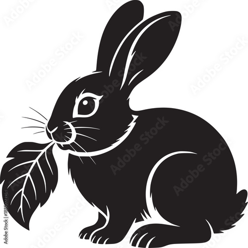 Silhouette of a rabbit holding a leaf in its mouth on a white background in black and white art