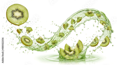 Fresh green kiwi slices suspended in a dynamic liquid splash creating an artistic refreshing and healthy natural composition fruit water food juicy tropical organic sweet transparent background