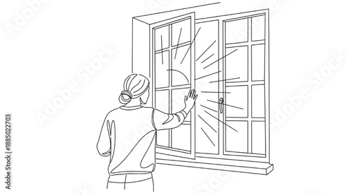 High-Quality Continuous Line Icon of Person Opening Window to Let Sunlight In